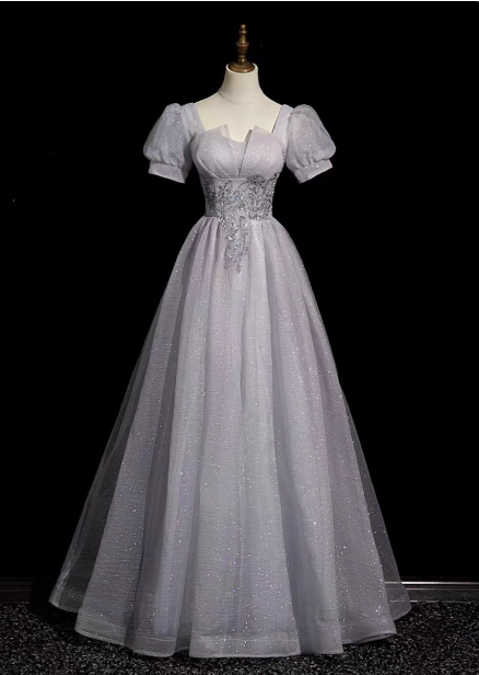 Dreamy Light Purple A-Line Square Neck Short Sleeve Tulle Long Formal Prom Dresses Main image