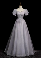 Dreamy Light Purple A-Line Square Neck Short Sleeve Tulle Long Formal Prom Dresses