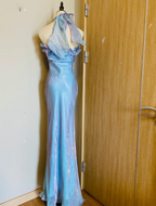 Dreamy Mermaid 3D Floral Ruffle Halter Neck Satin Long Formal Prom Dresses