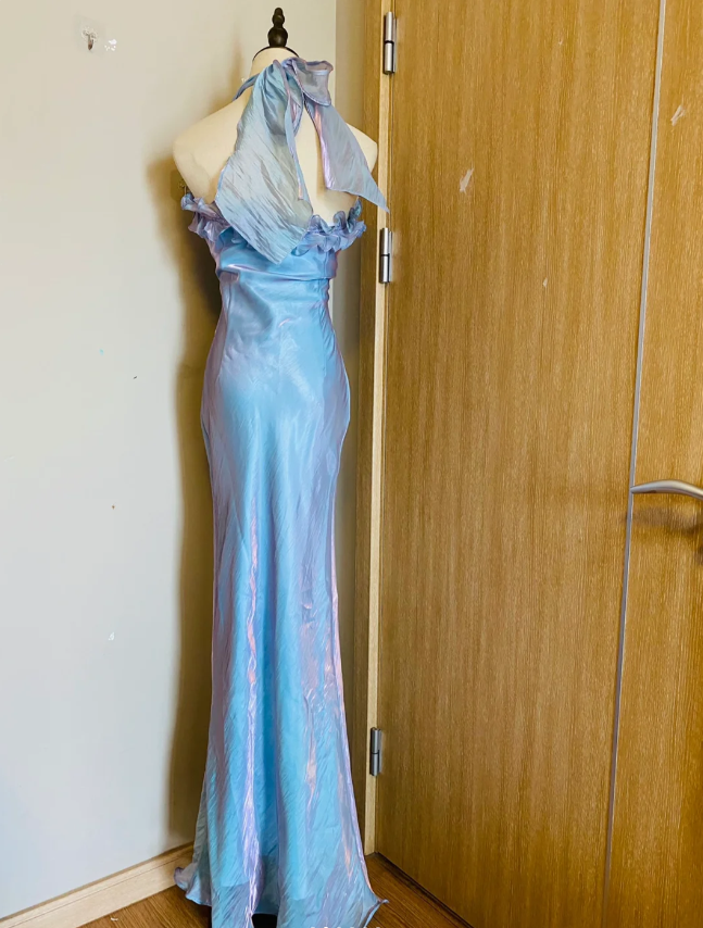 Dreamy Mermaid 3D Floral Ruffle Halter Neck Satin Long Formal Prom Dresses