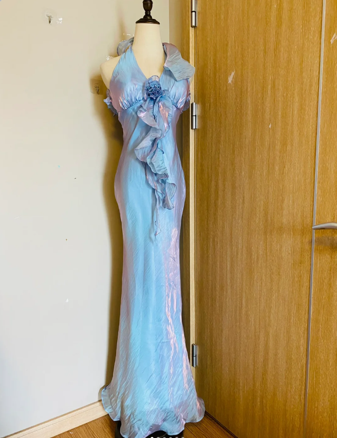 Dreamy Mermaid 3D Floral Ruffle Halter Neck Satin Long Formal Prom Dresses Main image