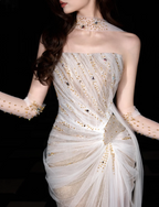 Dreamy Mermaid Strapless High-Slit Rhinestone Tulle Long Formal Prom Dresses