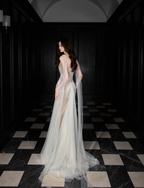 Dreamy Mermaid Strapless High-Slit Rhinestone Tulle Long Formal Prom Dresses