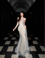 Dreamy Mermaid Strapless High-Slit Rhinestone Tulle Long Formal Prom Dresses