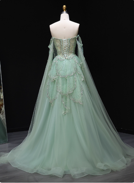Dreamy Mint Green Off-The-Shoulder Sequin Layered Tulle Train Formal Prom Dresses Secondary image