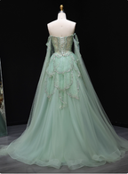 Dreamy Mint Green Off-The-Shoulder Sequin Layered Tulle Train Formal Prom Dresses