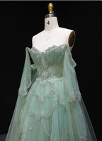Dreamy Mint Green Off-The-Shoulder Sequin Layered Tulle Train Formal Prom Dresses
