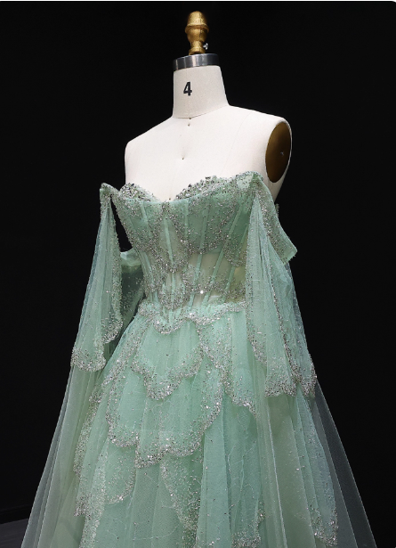 Dreamy Mint Green Off-The-Shoulder Sequin Layered Tulle Train Formal Prom Dresses