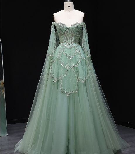 Dreamy Mint Green Off-The-Shoulder Sequin Layered Tulle Train Formal Prom Dresses Main image