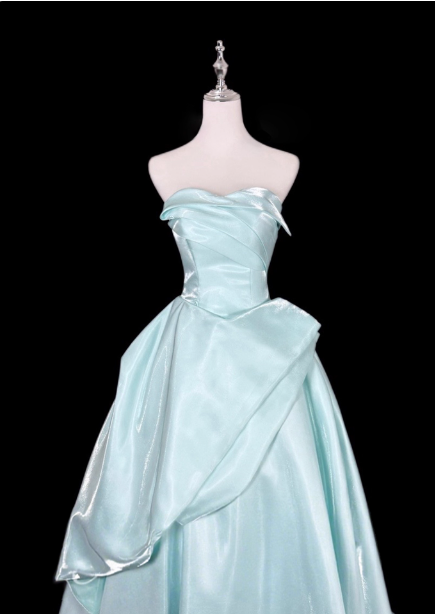 Dreamy Mint Light Blue A-Line Strapless Satin Formal Prom Dresses