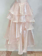 Dreamy Pink A-Line Halter Neck Ruffled Satin Formal Prom Dresses Bridesmaid Dresses
