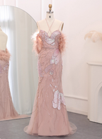 Dreamy Pink Mermaid Spaghetti Strap Open Back Beaded Sequin Tulle Long Formal Prom Dresses