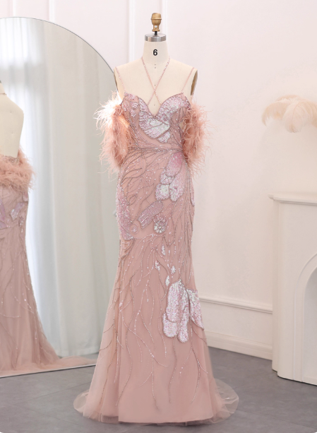 Dreamy Pink Mermaid Spaghetti Strap Open Back Beaded Sequin Tulle Long Formal Prom Dresses