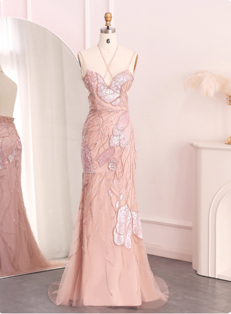 Dreamy Pink Mermaid Spaghetti Strap Open Back Beaded Sequin Tulle Long Formal Prom Dresses
