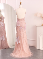 Dreamy Pink Mermaid Spaghetti Strap Open Back Beaded Sequin Tulle Long Formal Prom Dresses