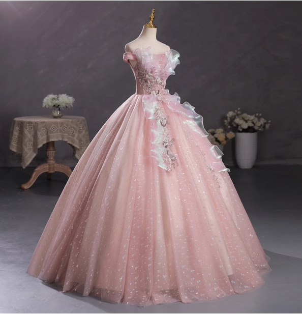 Dreamy Pink Off-Shoulder 3D Floral Iridescent Tulle Ball Gown Prom Dresses Sweet 16 Dresses