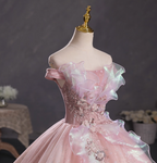 Dreamy Pink Off-Shoulder 3D Floral Iridescent Tulle Ball Gown Prom Dresses Sweet 16 Dresses