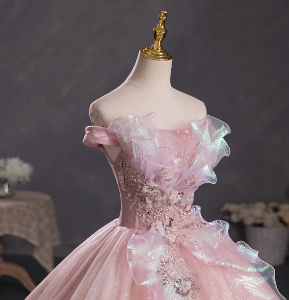 Dreamy Pink Off-Shoulder 3D Floral Iridescent Tulle Ball Gown Prom Dresses Sweet 16 Dresses