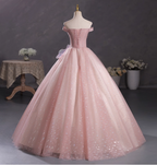 Dreamy Pink Off-Shoulder 3D Floral Iridescent Tulle Ball Gown Prom Dresses Sweet 16 Dresses