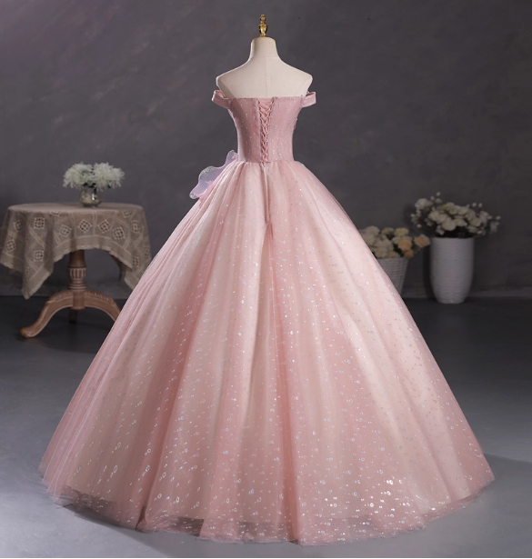 Dreamy Pink Off-Shoulder 3D Floral Iridescent Tulle Ball Gown Prom Dresses Sweet 16 Dresses