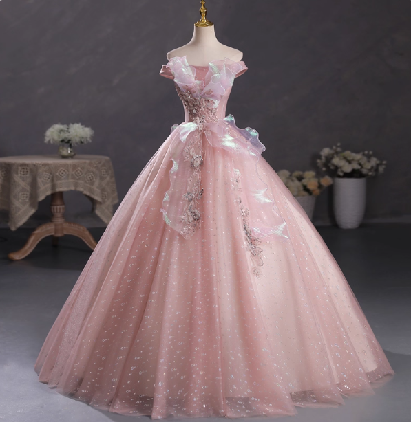 Dreamy Pink Off-Shoulder 3D Floral Iridescent Tulle Ball Gown Prom Dresses Sweet 16 Dresses Main image