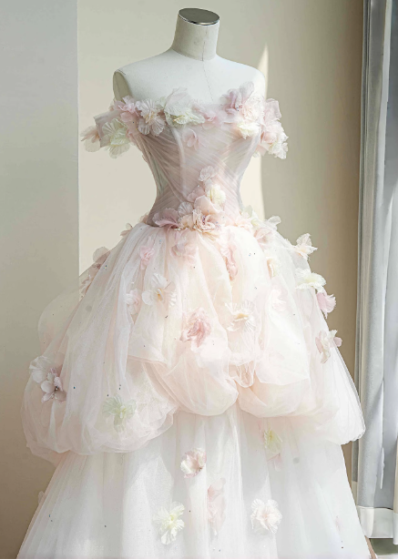 Dreamy Pink-White Off-The-Shoulder 3D Floral Tulle Long Ball Gown Prom Dresses Sweet 16 Dresses