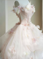Dreamy Pink-White Off-The-Shoulder 3D Floral Tulle Long Ball Gown Prom Dresses Sweet 16 Dresses