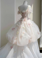 Dreamy Pink-White Off-The-Shoulder 3D Floral Tulle Long Ball Gown Prom Dresses Sweet 16 Dresses