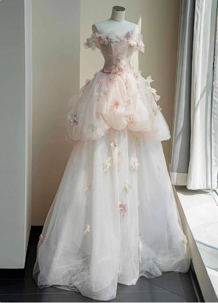 Dreamy Pink-White Off-The-Shoulder 3D Floral Tulle Long Ball Gown Prom Dresses Sweet 16 Dresses