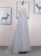 Dreamy Princess A-Line V-Neck Train Sequin Tulle Formal Prom Dresses