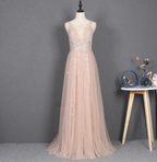 Dreamy Princess A-Line V-Neck Train Sequin Tulle Formal Prom Dresses
