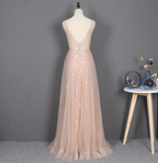 Dreamy Princess A-Line V-Neck Train Sequin Tulle Formal Prom Dresses