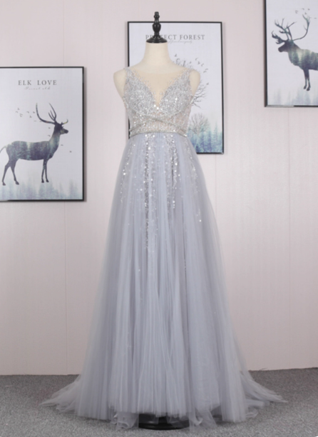 Dreamy Princess A-Line V-Neck Train Sequin Tulle Formal Prom Dresses
