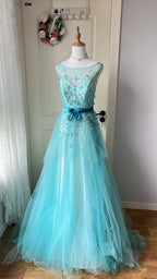 Dreamy Princess Blue A-Line Round Neck Sequined Tulle Long Formal Prom Dresses