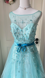 Dreamy Princess Blue A-Line Round Neck Sequined Tulle Long Formal Prom Dresses