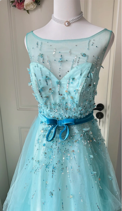 Dreamy Princess Blue A-Line Round Neck Sequined Tulle Long Formal Prom Dresses
