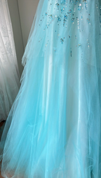Dreamy Princess Blue A-Line Round Neck Sequined Tulle Long Formal Prom Dresses