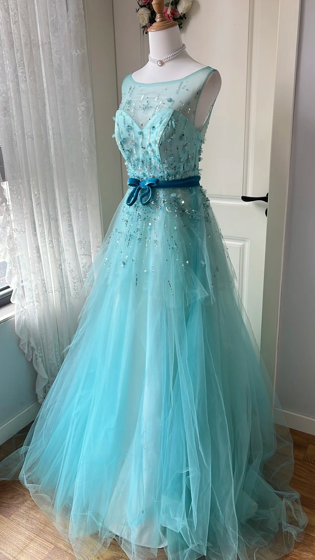 Dreamy Princess Blue A-Line Round Neck Sequined Tulle Long Formal Prom Dresses