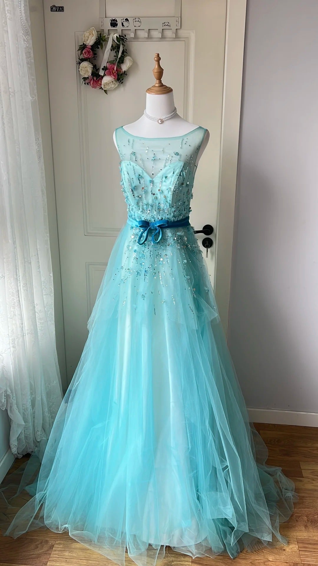 Dreamy Princess Blue A-Line Round Neck Sequined Tulle Long Formal Prom Dresses