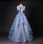 Dreamy Princess Blue Off-Shoulder Oversized Bow Tulle Long Ball Gown Prom Dresses Sweet 16 Dresses