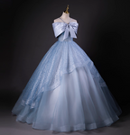 Dreamy Princess Blue Off-Shoulder Oversized Bow Tulle Long Ball Gown Prom Dresses Sweet 16 Dresses