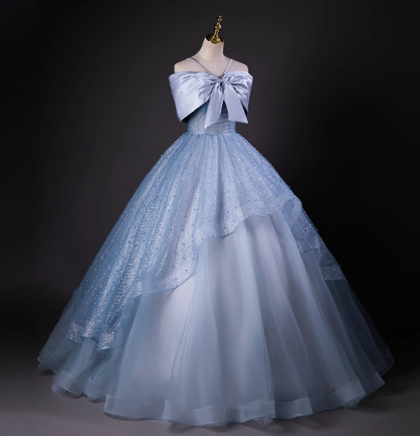 Dreamy Princess Blue Off-Shoulder Oversized Bow Tulle Long Ball Gown Prom Dresses Sweet 16 Dresses