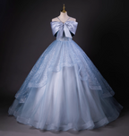 Dreamy Princess Blue Off-Shoulder Oversized Bow Tulle Long Ball Gown Prom Dresses Sweet 16 Dresses