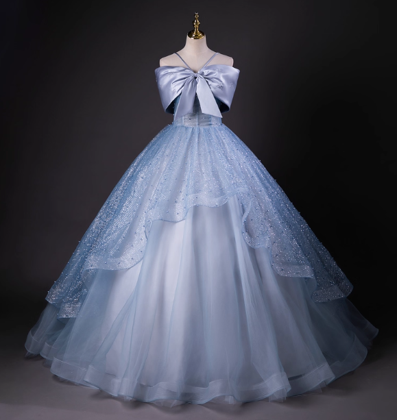 Dreamy Princess Blue Off-Shoulder Oversized Bow Tulle Long Ball Gown Prom Dresses Sweet 16 Dresses