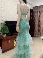 Dreamy Princess Mint Green Mermaid Spaghetti Strap Backless Sequined Long Formal Prom Dresses