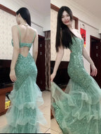 Dreamy Princess Mint Green Mermaid Spaghetti Strap Backless Sequined Long Formal Prom Dresses