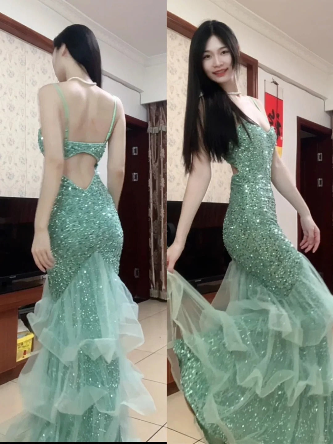 Dreamy Princess Mint Green Mermaid Spaghetti Strap Backless Sequined Long Formal Prom Dresses