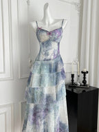 Dreamy Purple And Blue Gradient A-Line Spaghetti Strap Cake Chiffon Long Formal Prom Dresses