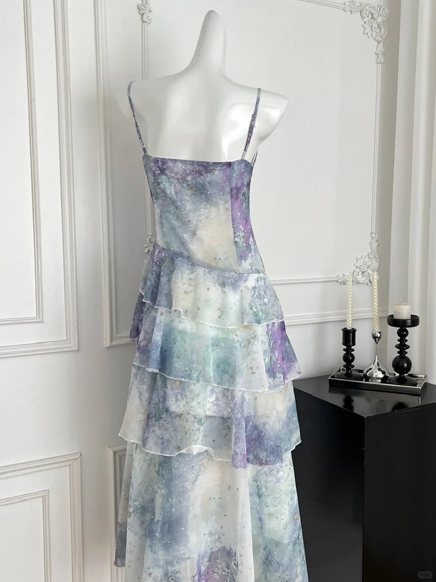 Dreamy Purple And Blue Gradient A-Line Spaghetti Strap Cake Chiffon Long Formal Prom Dresses