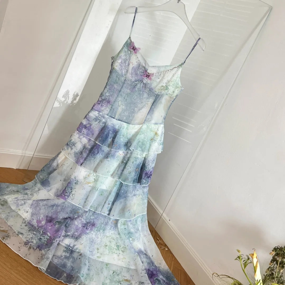 Dreamy Purple And Blue Gradient A-Line Spaghetti Strap Cake Chiffon Long Formal Prom Dresses
